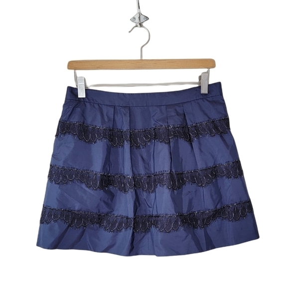 J. Crew | Navy Silk Full Marvelle Mini Skirt with Black Lace Stripes - Picture 1 of 7